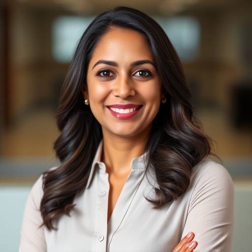 Portrait of Dr. Anya Sharma, CEO of DataWise Solutions, smiling confidently.